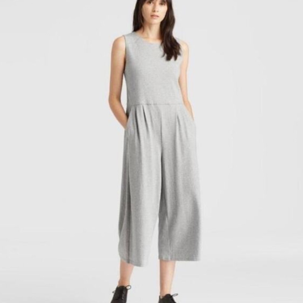 Eileen Fisher Speckled Organic Cotton Wide Leg Cropped Jumpsuit Moon Gray